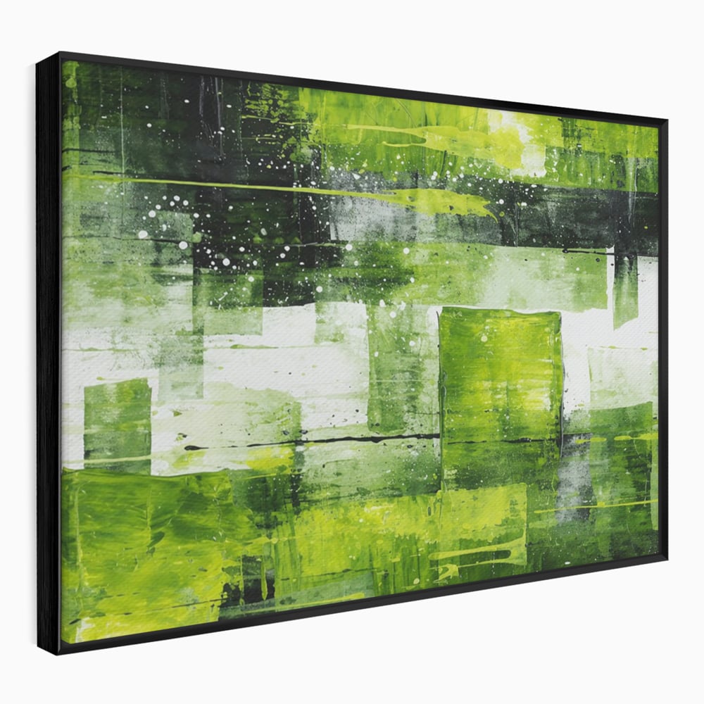 Tablou canvas cu pictura abstracta cu straturi verzi, in rama de aluminiu negru